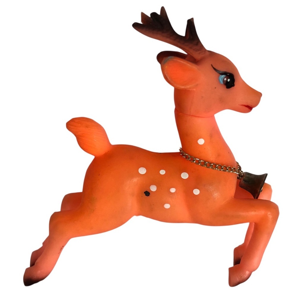 VINTAGE 60s Christmas Rare Orange Rubber Leaping Reindeer Swivel Head Japan Flaw